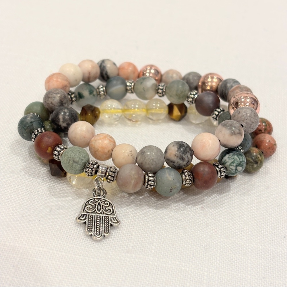 Set of 3 Stone And Bead Bracelets on a Stretchy Band - Heavy - High Quality